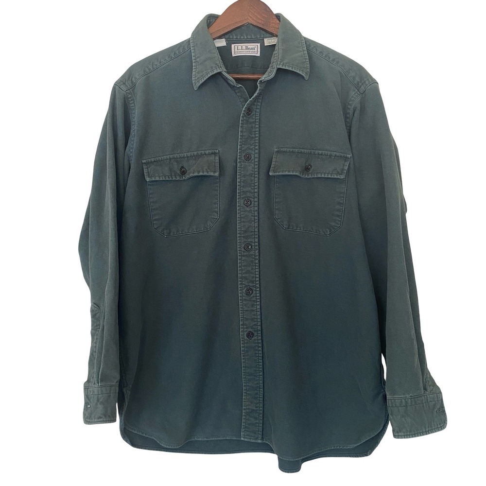 LL Bean Chamois Cloth Men's Work Shirt Large Green Vintage Heavyweight Cotton